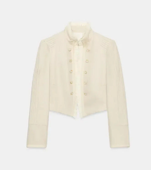 Damen Cropped Militärblouson mit Stehkragen, Zierknopfreihe und plissierten Ärmeln Drune