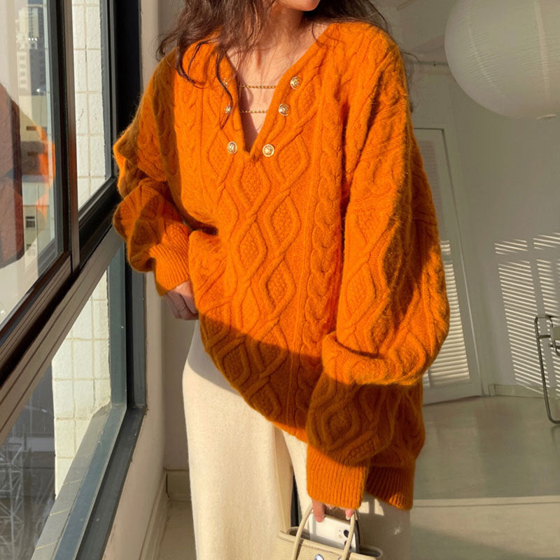 Damen Grobstrickpullover mit Knopfdetails und Zopfmuster Drune
