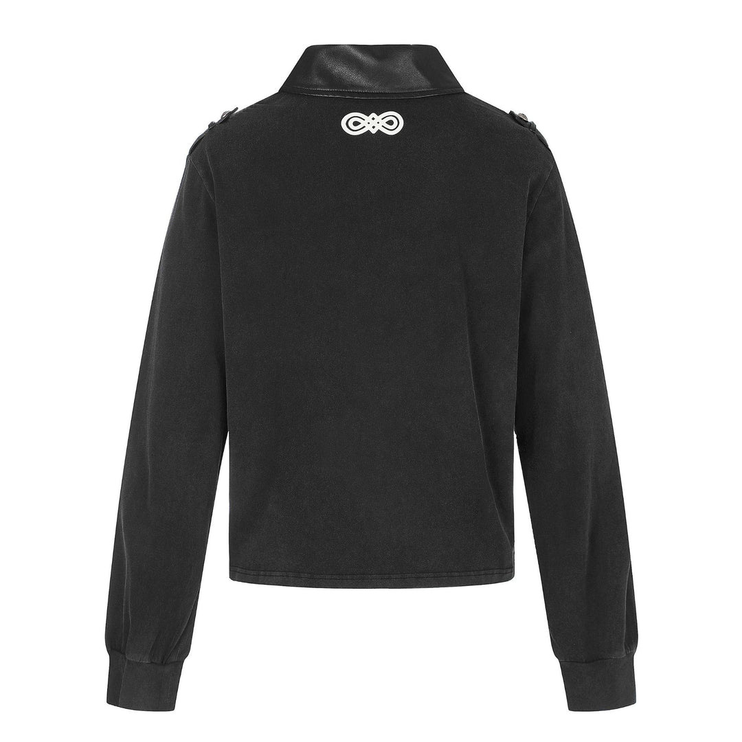 Damen Polo‑Sweatshirt im Military‑Style mit dekorativen Kordelprints und Lederkragen Drune
