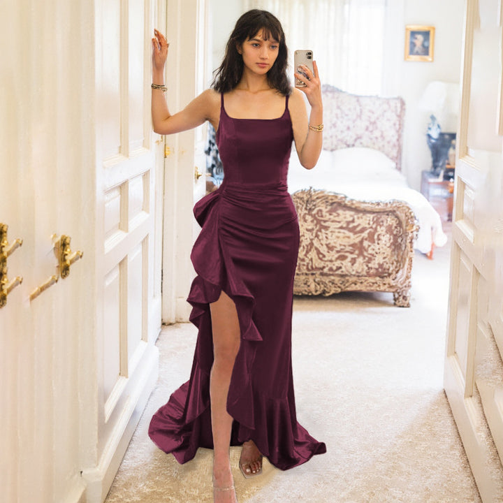 Damen elegantes Maxikleid mit seitlichem Schlitz und fließendem Rüschensaum Drune