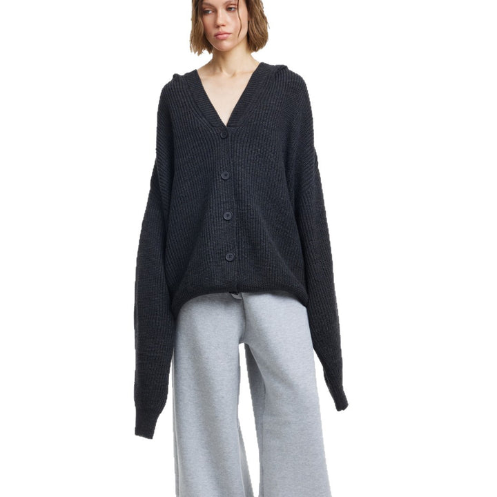Damen Oversized Strickjacke mit Kapuze und Knopfdetails Drune