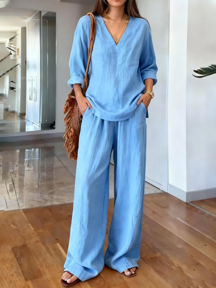 Damen Leichte Sommerhose mit weitem Schnitt und V-Ausschnitt Shirt Drune