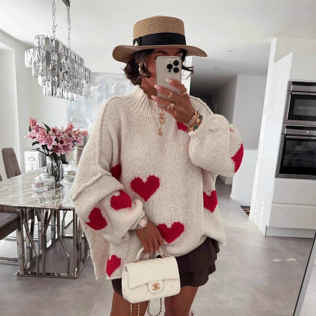 Damen modischer Oversized-Pullover mit herzförmigem Muster und voluminösen Ärmeln Drune