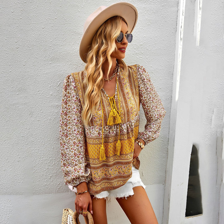 Damen nan lockere Boho-Tunika-Bluse mit V-Ausschnitt, Quasten-Tie und gerafften Ballonärmeln Drune
