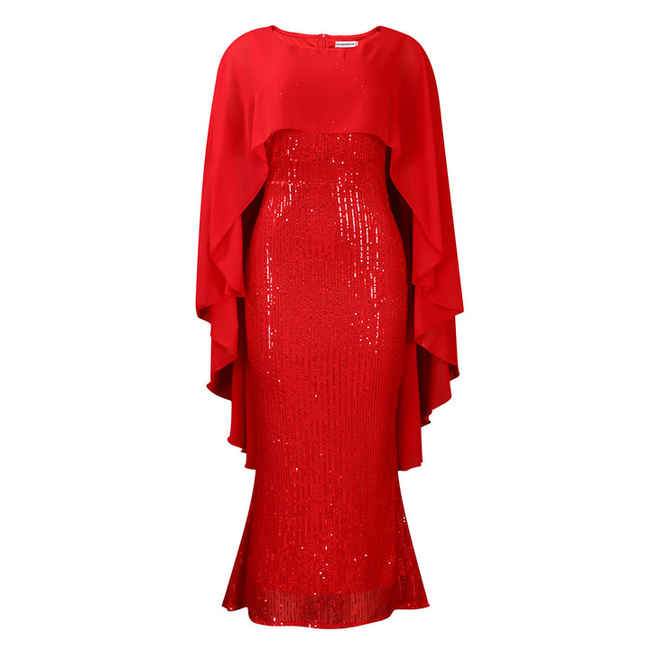 Damen Glamouröses Abendkleid mit schimmernden Pailletten und Cape Drune