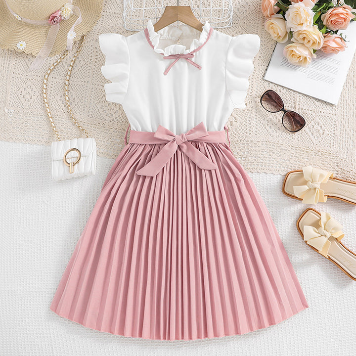 Mädchen Faltenrockkleid mit Puffärmeln und Taillenknoten Drune