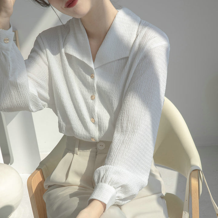Damen Elegantes Blusenshirt mit tiefem V-Ausschnitt und volumetrischen Puffärmeln Drune