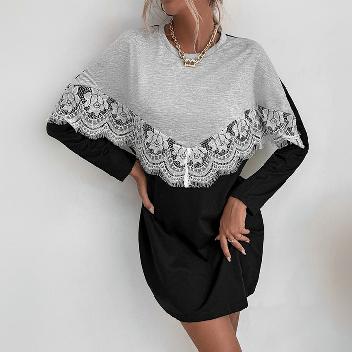 Damen Longshirtkleid mit V-förmiger Spitzenapplikation und legerer Passform Drune