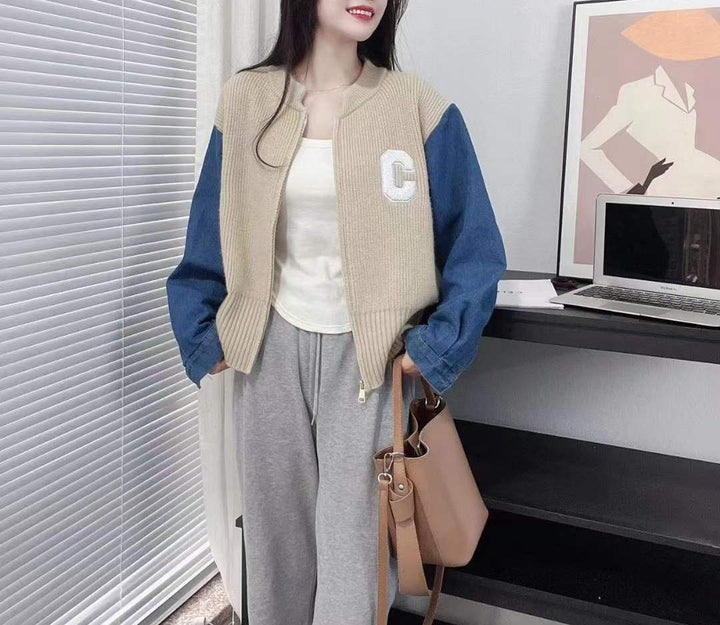 Damen Trendige Strickjacke mit Denim-Ärmeln Drune