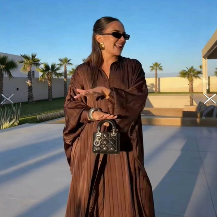 Damen Maxikleid im Plissee-Kaftanstil mit Oversize-Ärmeln und Knopfleiste Drune