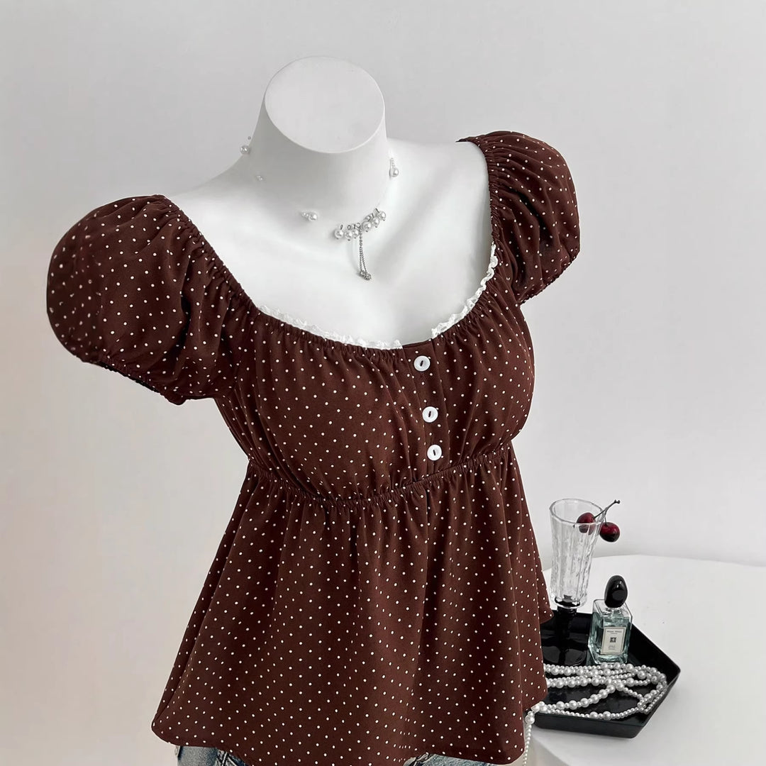 Damen Sommerkleid mit Puffärmeln und süßem Punkten Drune