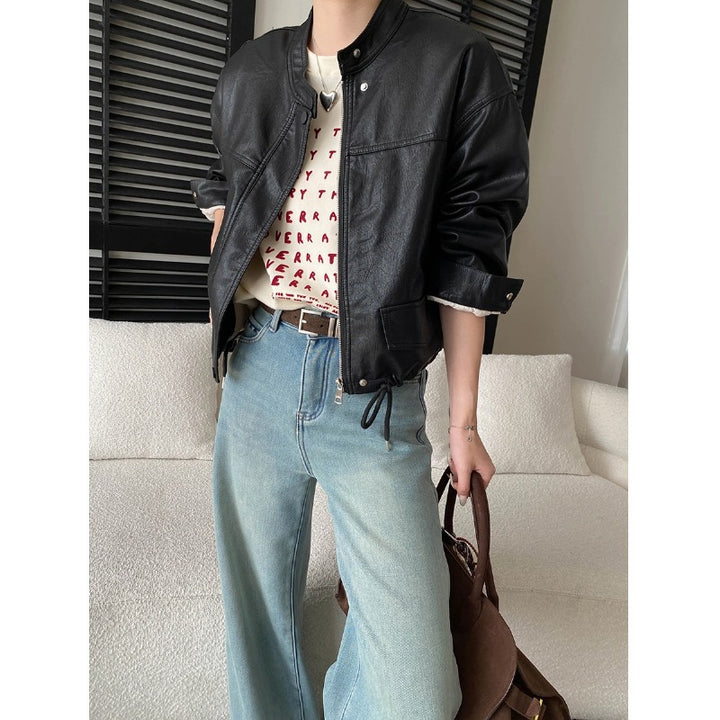 Damen Kunstlederjacke im lässigen Biker-Stil mit dekorativen Reißverschlüssen und seitlichen Taschen Drune