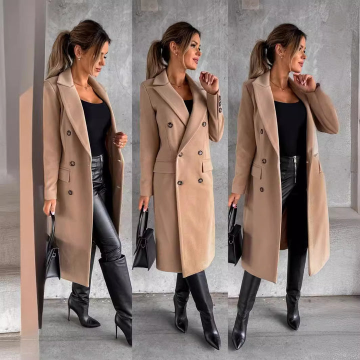 Damen Eleganter Doppelreiher-Mantel mit strukturiertem Stoff und taillierbarem Gürtel Drune