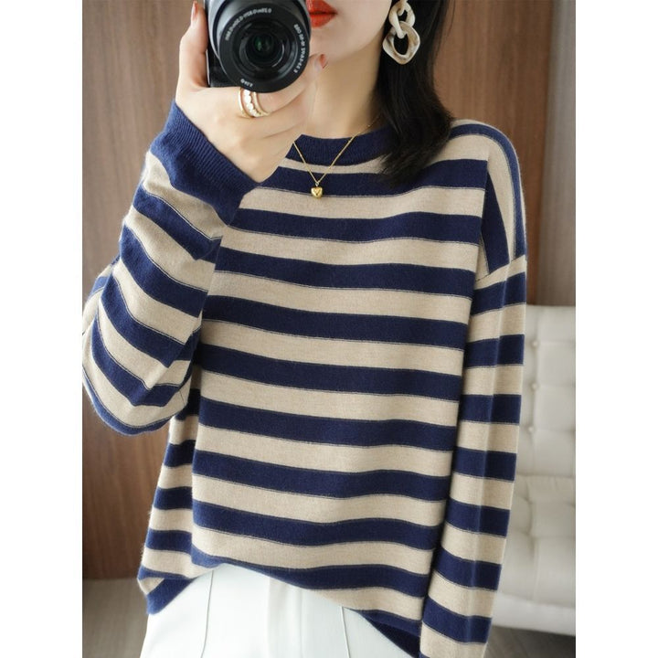 Damen lässiger Strickpullover mit breiten Streifen Drune