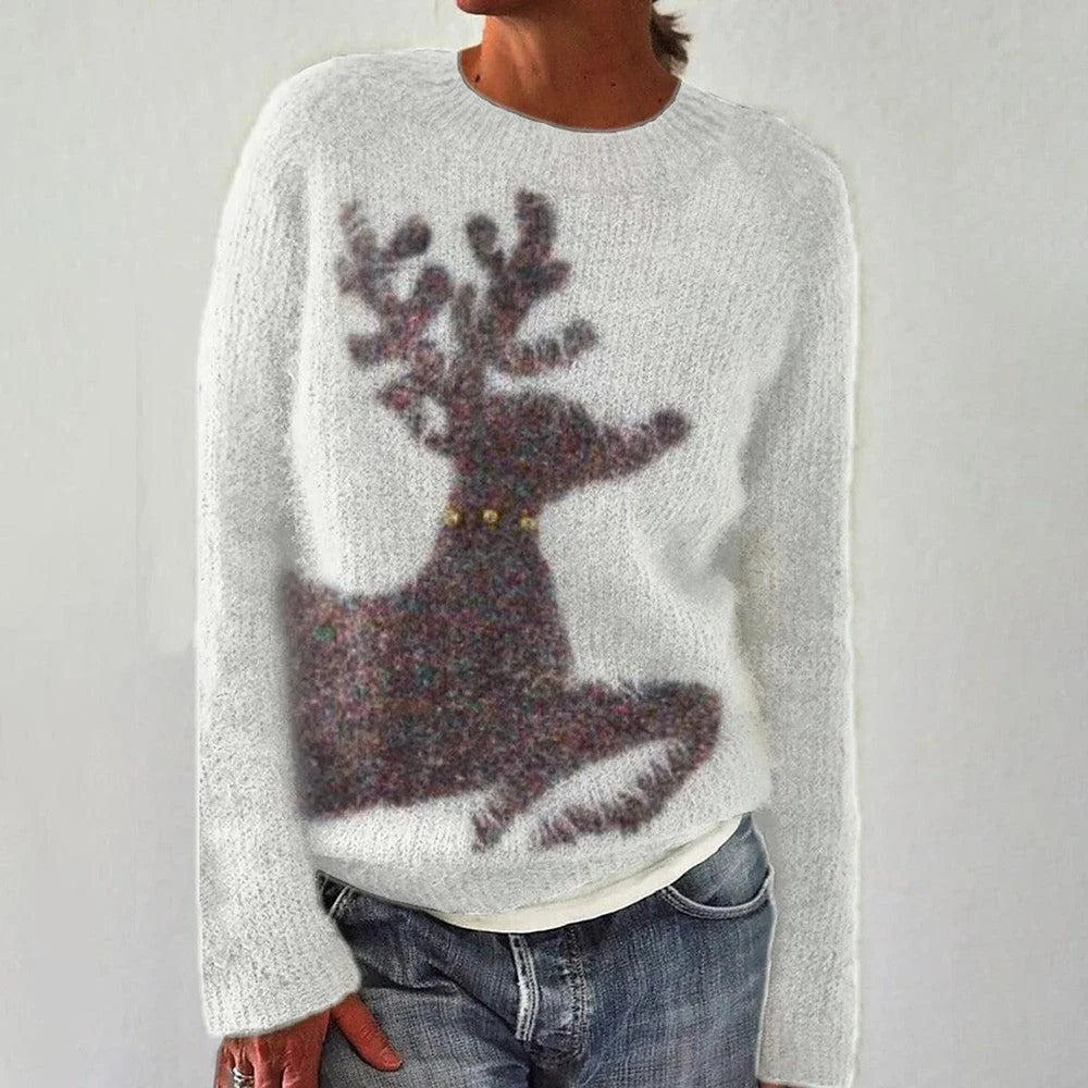 Damen Kuscheliger Pullover mit Fuchs-Motiv und gestreiften Ärmeln Drune