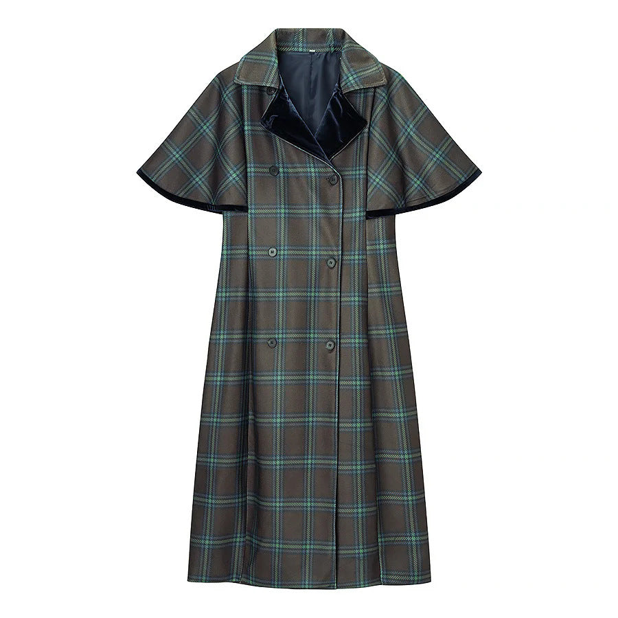 Damen nan langer karierter Cape‑Mantel mit doppellagiger Umhangschulter und Samtkragen Drune