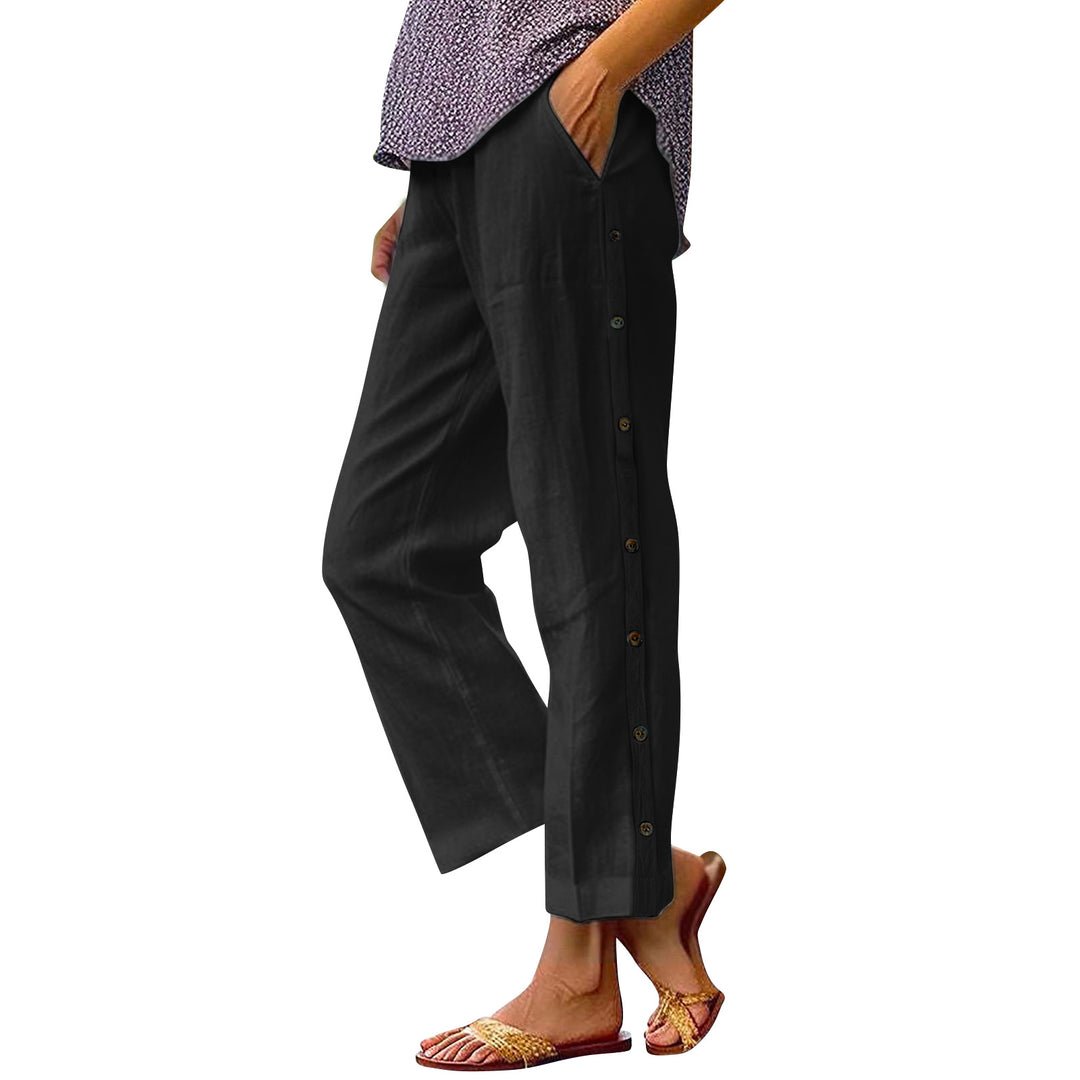 Damen Cropped Weitbeinige Knopf-Trim Leinen-Mischung Casual Hose Drune