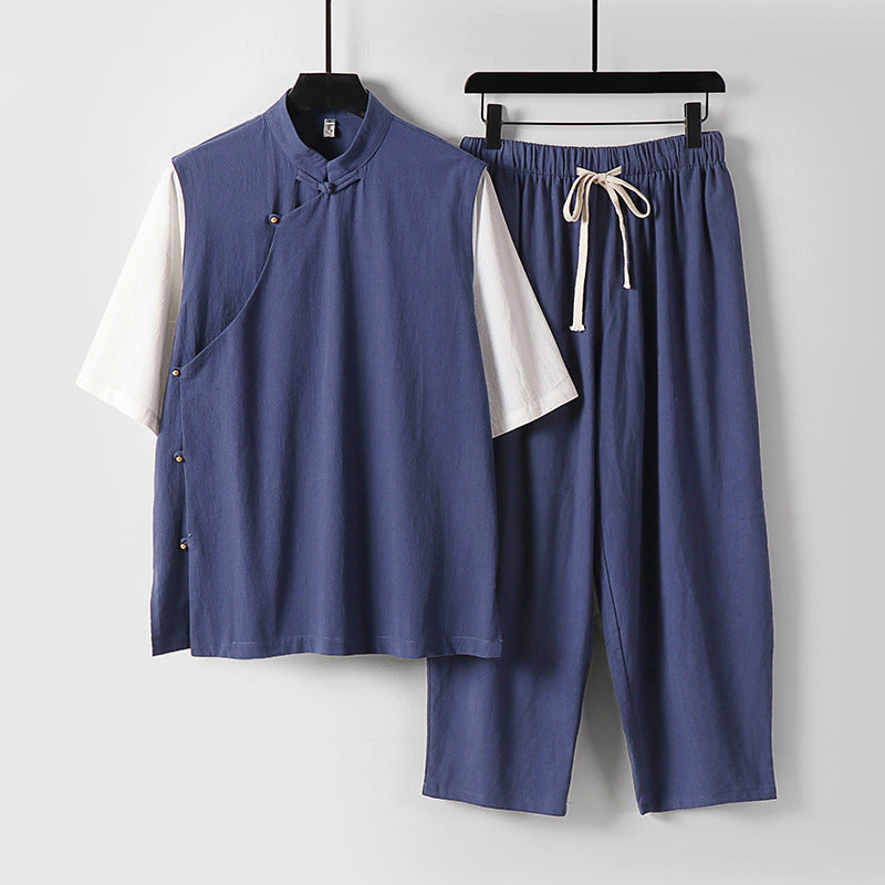 Herren Asymmetrisches Kimono-Loungewear-Set mit Stehkragen und Kordelhose Drune