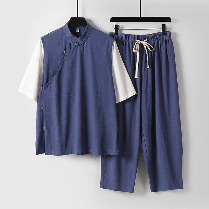 Herren Asymmetrisches Kimono-Loungewear-Set mit Stehkragen und Kordelhose Drune