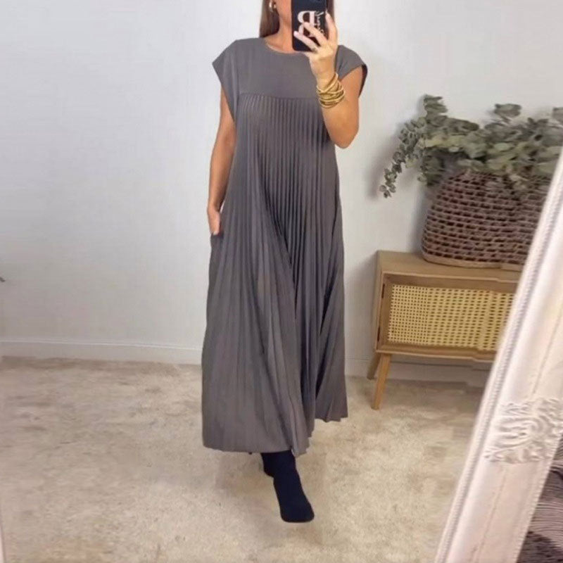 Damen Elegantes plissiertes Maxikleid mit praktischen Taschen Drune