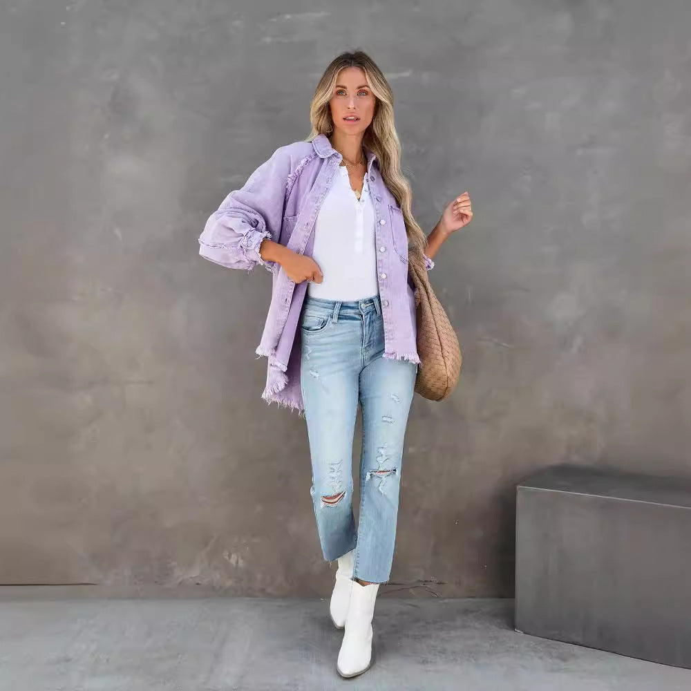 Damen lässige Overshirtjacke aus leichtem Denim mit fransigen Details Drune