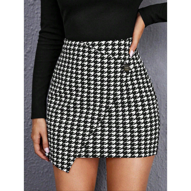 Damen Hahnentritt-Muster Minirock mit asymmetrischem Saum und Knopfdetails Drune