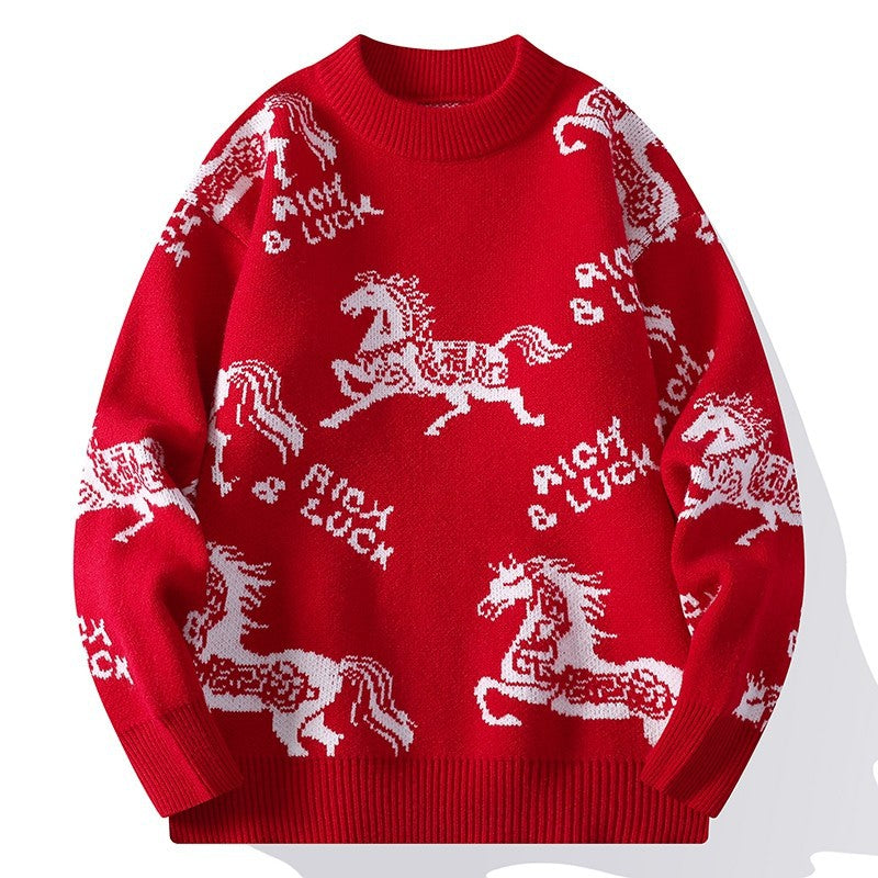 Herren Verspielter Grobstrickpullover mit Pferdemotiv Drune