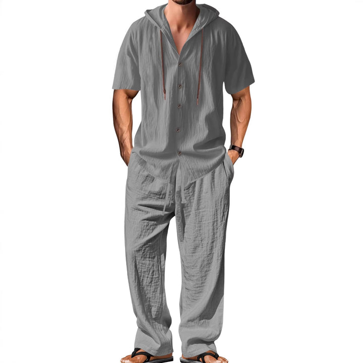 Herren nan luftiges Leinen-Lounge-Set mit kurzärmeligem Kapuzenhemd und gerader Relaxhose Drune