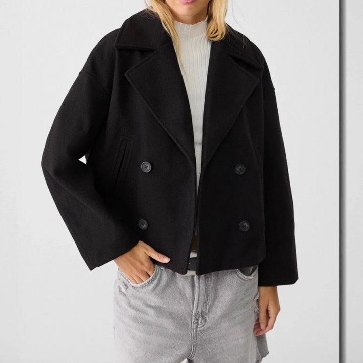 Damen Kurzer Zweireihiger Wollmix-Peacoat mit übergroßem Revers Drune