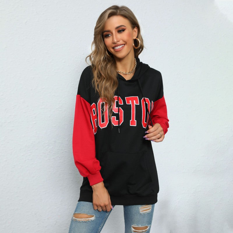 Damen Oversize Kapuzenpullover mit Blockingärmeln und Boston-Frontprint Drune