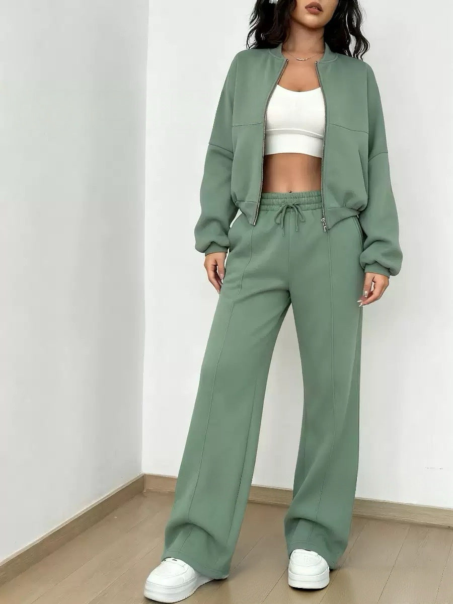 Damen nan kurz geschnittenes Blouson mit Reißverschluss und weiter High-Waist Jogginghose Set Drune