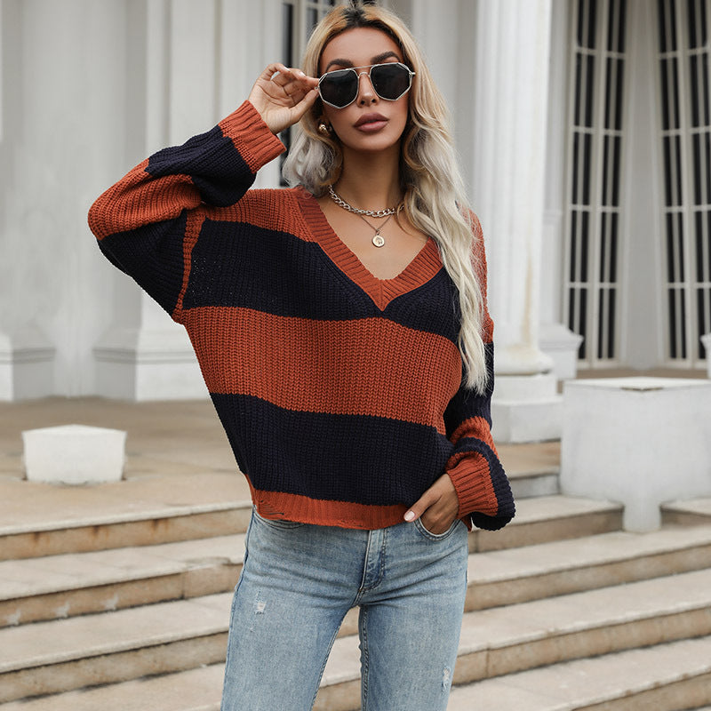 Damen Oversize-Chunky-Strickpullover mit schulterfreiem Fall, breiten Blockstreifen und geripptem Saum Drune