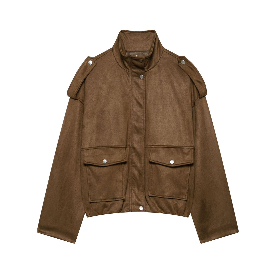 Damen Kurze Wildlederoptik-Fieldjacke mit Stehkragen, Pattentaschen und Schulterklappen Drune