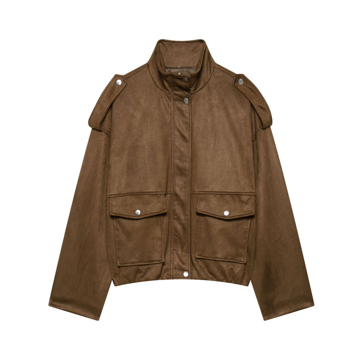 Damen Kurze Wildlederoptik-Fieldjacke mit Stehkragen, Pattentaschen und Schulterklappen Drune