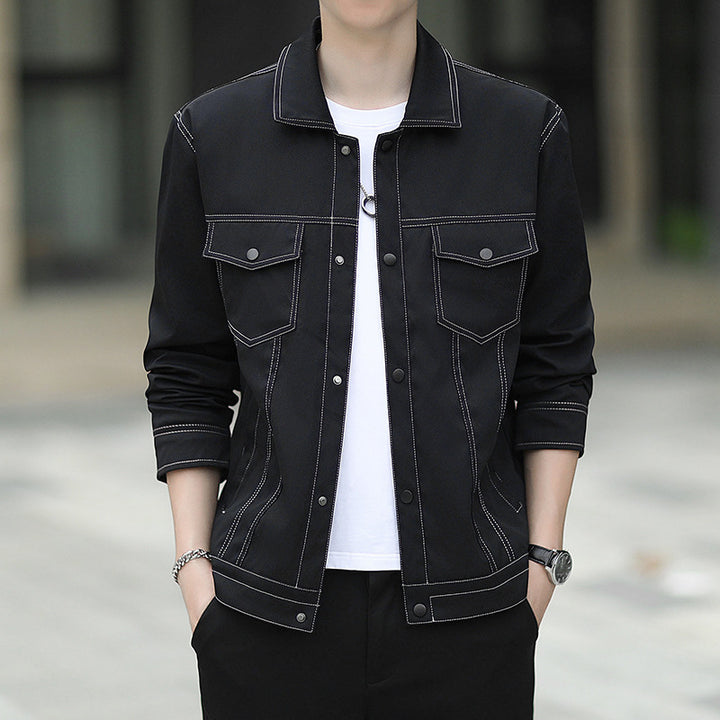 Herren leichte Canvas-Truckerjacke mit sichtbaren Kontrastnähten und Brustpattentaschen Drune