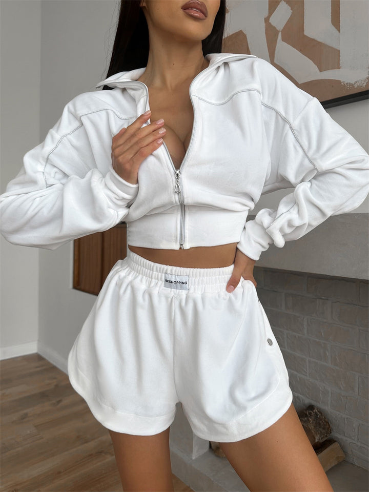 Damen Cropped Velours-Set mit Reißverschluss und elastischem Bund Drune
