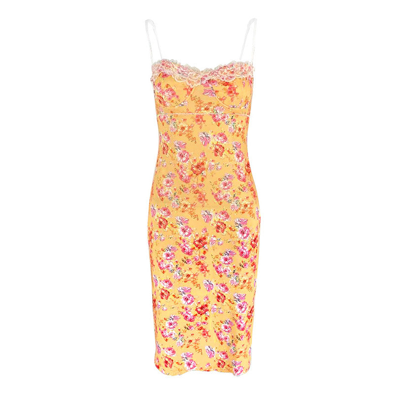 Damen Sommerliches Blumenkleid mit zarter Spitze und Spaghetti-Trägern Drune