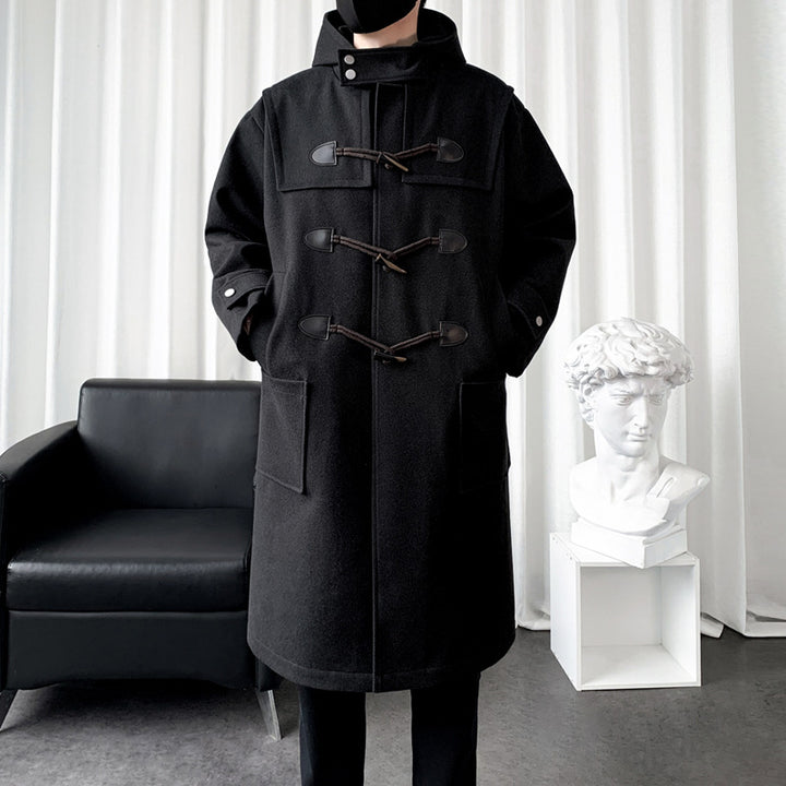Herren Langer Wollmix Dufflecoat mit Kapuze, Knebelverschlüssen und aufgesetzten Taschen Drune