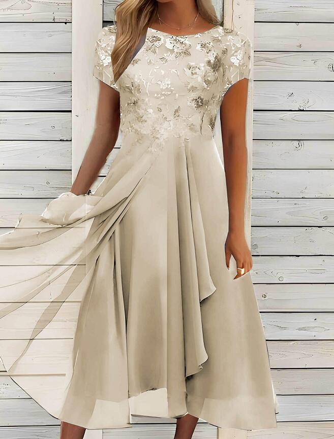 Damen nan elegantes Chiffon-Midikleid mit floraler Spitzenapplikation und fließendem Tellerrock Drune