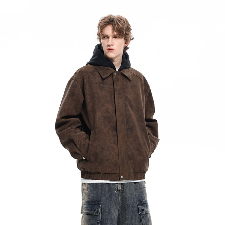 Herren Oversized Velourslederoptik Bomberjacke mit Kapuze und Doppelreißverschluss Drune