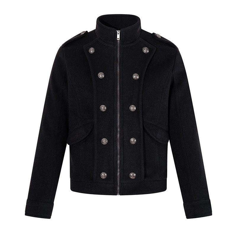 Herren kurze militärisch inspirierte Wolljacke mit Stehkragen & doppelreihigen Zierknöpfen Drune