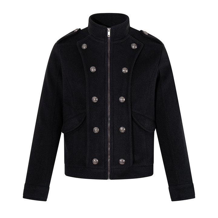 Herren kurze militärisch inspirierte Wolljacke mit Stehkragen & doppelreihigen Zierknöpfen Drune