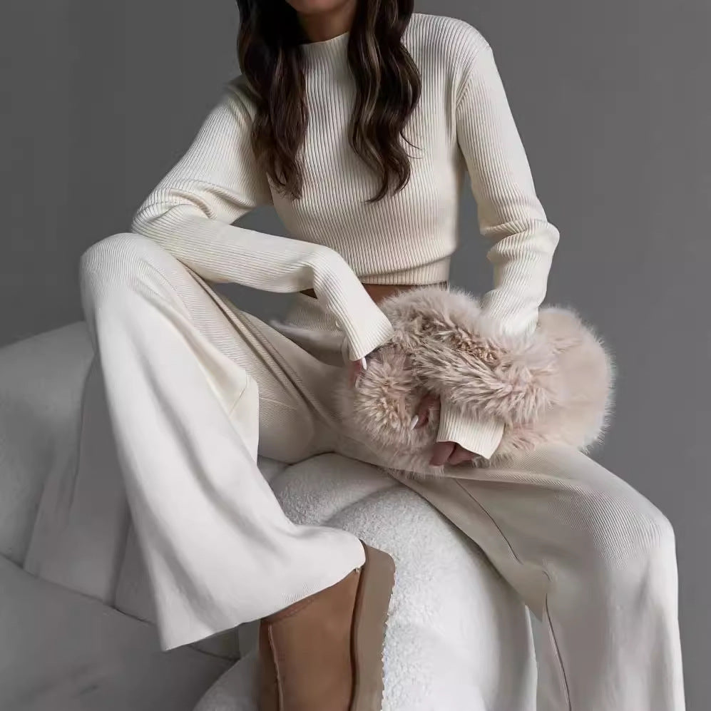 Damen Rippstrick-Cropped Loungewear-Set mit taillenhoher Kordelzug-Hose Drune