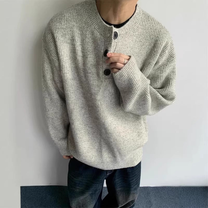 Herren Oversized Strickpullover mit Dreiknopf-Henleypasse Drune