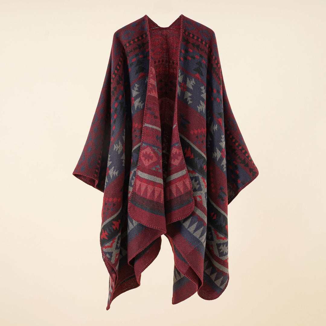 Damen Oversize Strickponcho mit Ethno-Geometrischem Muster Drune