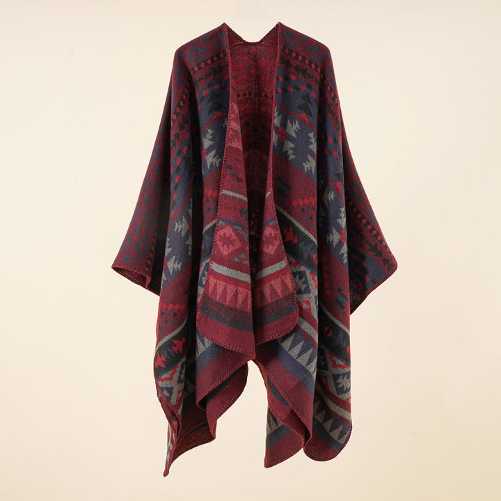 Damen Oversize Strickponcho mit Ethno-Geometrischem Muster Drune