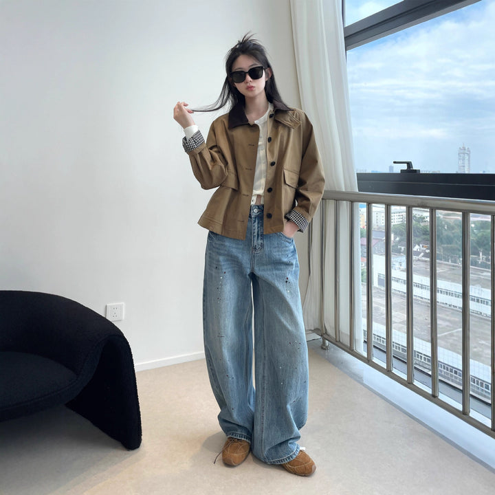 Damen Kurzjacke im Worker-Stil mit Cordkragen und aufgesetzten Pattentaschen Drune