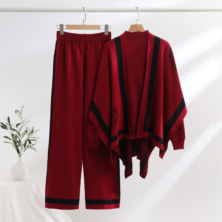 Damen elegantes Strick-Loungewear-Set mit grafischem Muster und weiten Ärmeln Drune