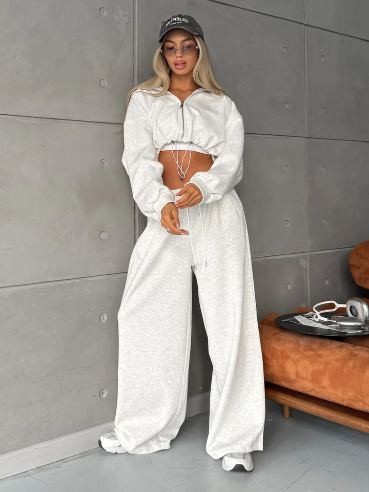 Damen weit geschnittenes Cropped-Zip-Hoodie und Palazzo-Jogger Set Drune