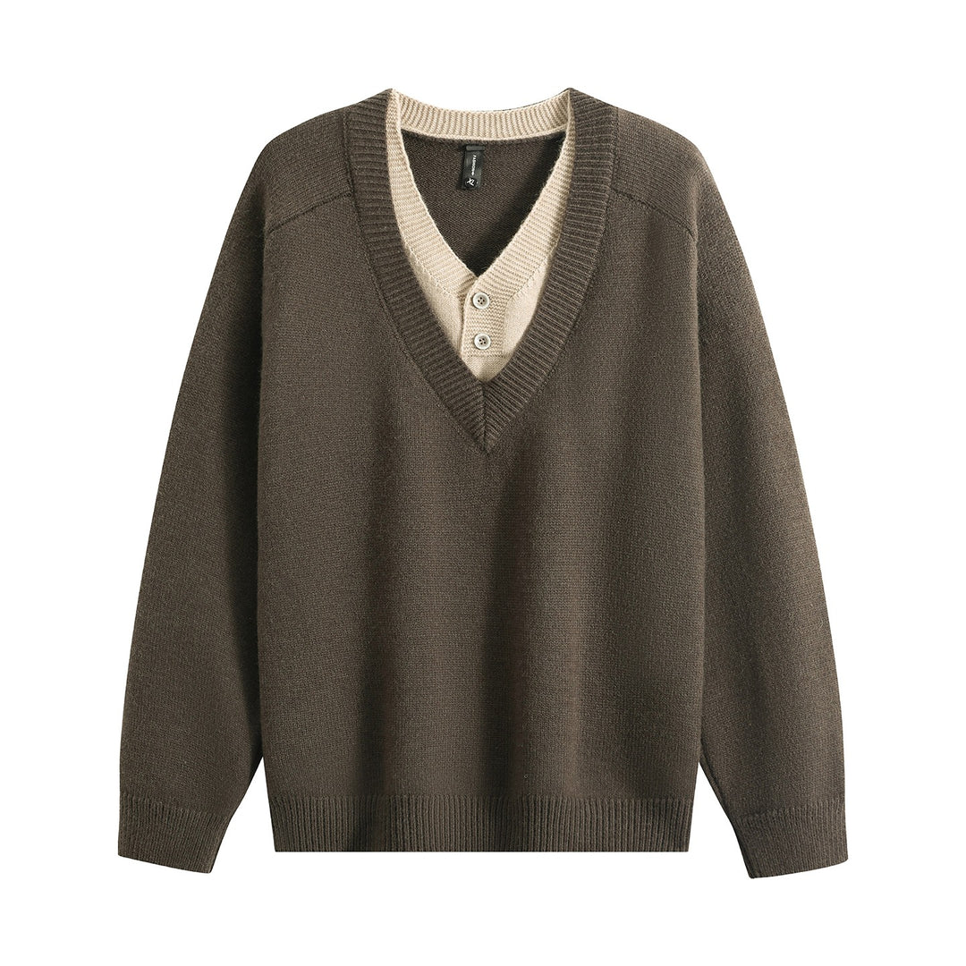 Unisex Oversize V‑Neck Strickpullover mit eingearbeiteter Henley-Optik Drune